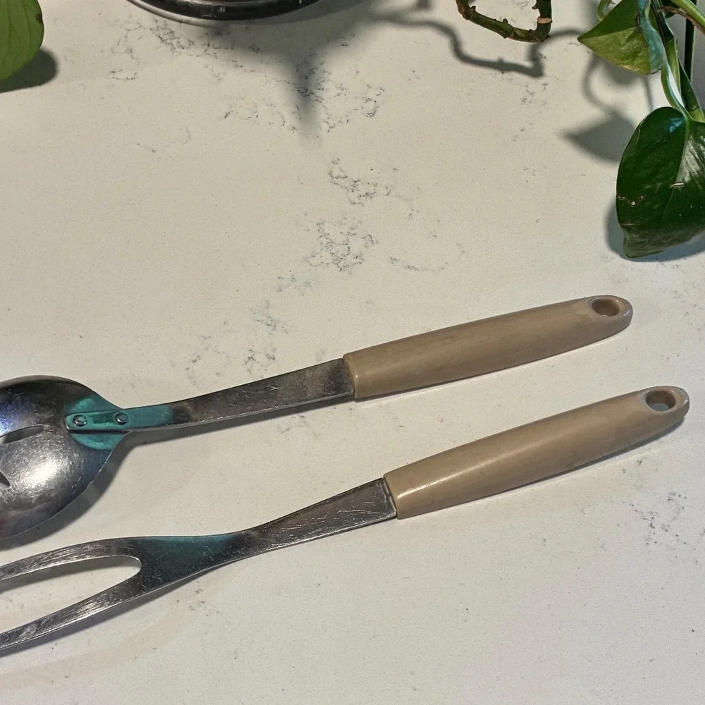 Vtg Ekco Flint Kitchen Utensil Set Slotted Spoon Meat Fork Stainless MCM Retro
